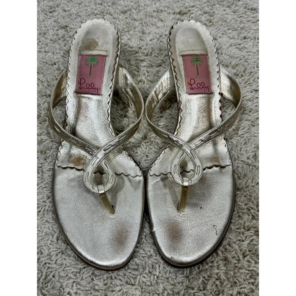 Lilly Pulitzer Metallic Gold Thong Kitten Heel Slip On Sandals Size 9.5 Resort - Picture 2 of 12